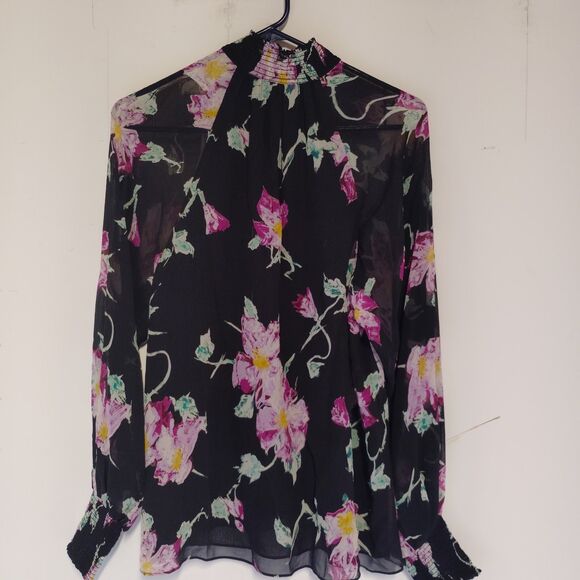 ALC Top Womens 4 Black Pink Multi Floral Silk Venetia Sheer Sleeve Boho Fairy - Picture 10 of 10